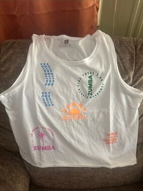 Zumba Fitness White Tank Top with Neon Orange, Green, Blue, Pink Graphics
